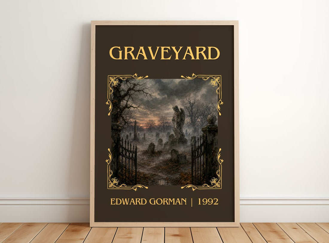 Graveyard Classic Book Art Print by Edward Gorman – framed print leaning on a wooden floor