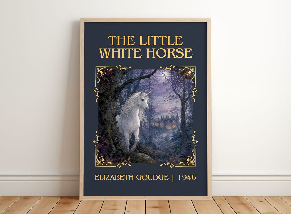 The Little White Horse Classic Book Art Print by Elizabeth Goudge – framed print leaning on a wooden floor