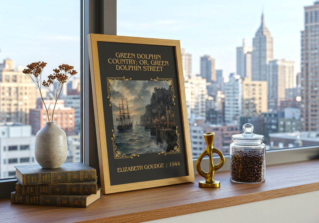 Green Dolphin Country; or, Green Dolphin Street Classic Book Art Print by Elizabeth Goudge – framed print on a city-view windowsill