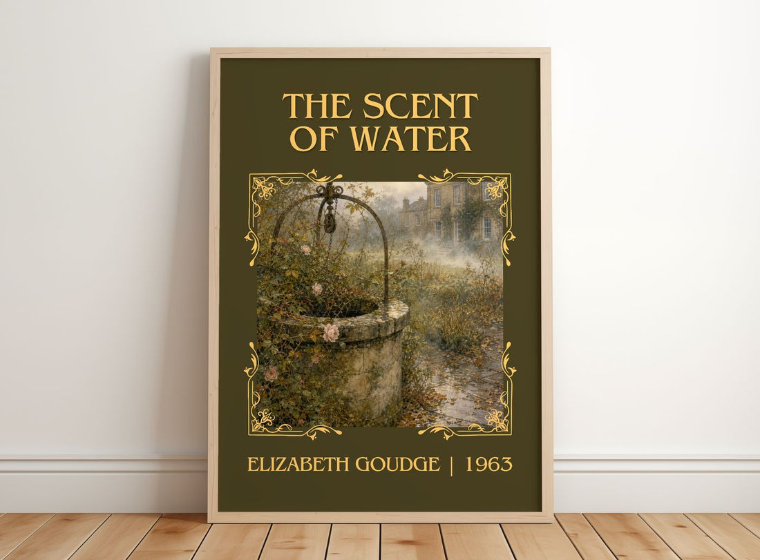 The Scent of Water Classic Book Art Print by Elizabeth Goudge – framed print leaning on a wooden floor