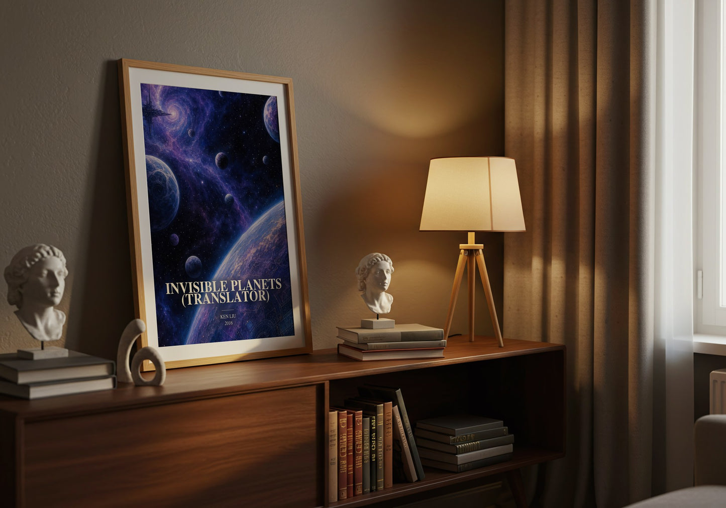 Invisible Planets (Translator) watercolour print on bookshelf – Ken Liu fan gift
