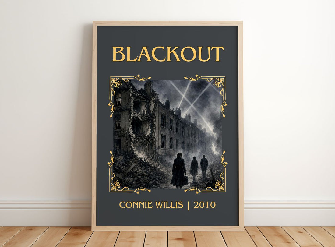 Blackout Classic Book Art Print by Connie Willis – framed print leaning on a wooden floor