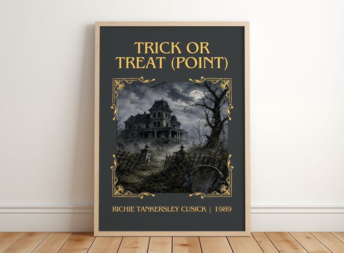 Trick or Treat (Point) Classic Book Art Print by R. Cusick – framed print leaning on a wooden floor