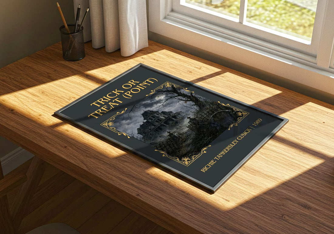 Trick or Treat (Point) Classic Book Art Print by R. Cusick – print on a sunlit desk
