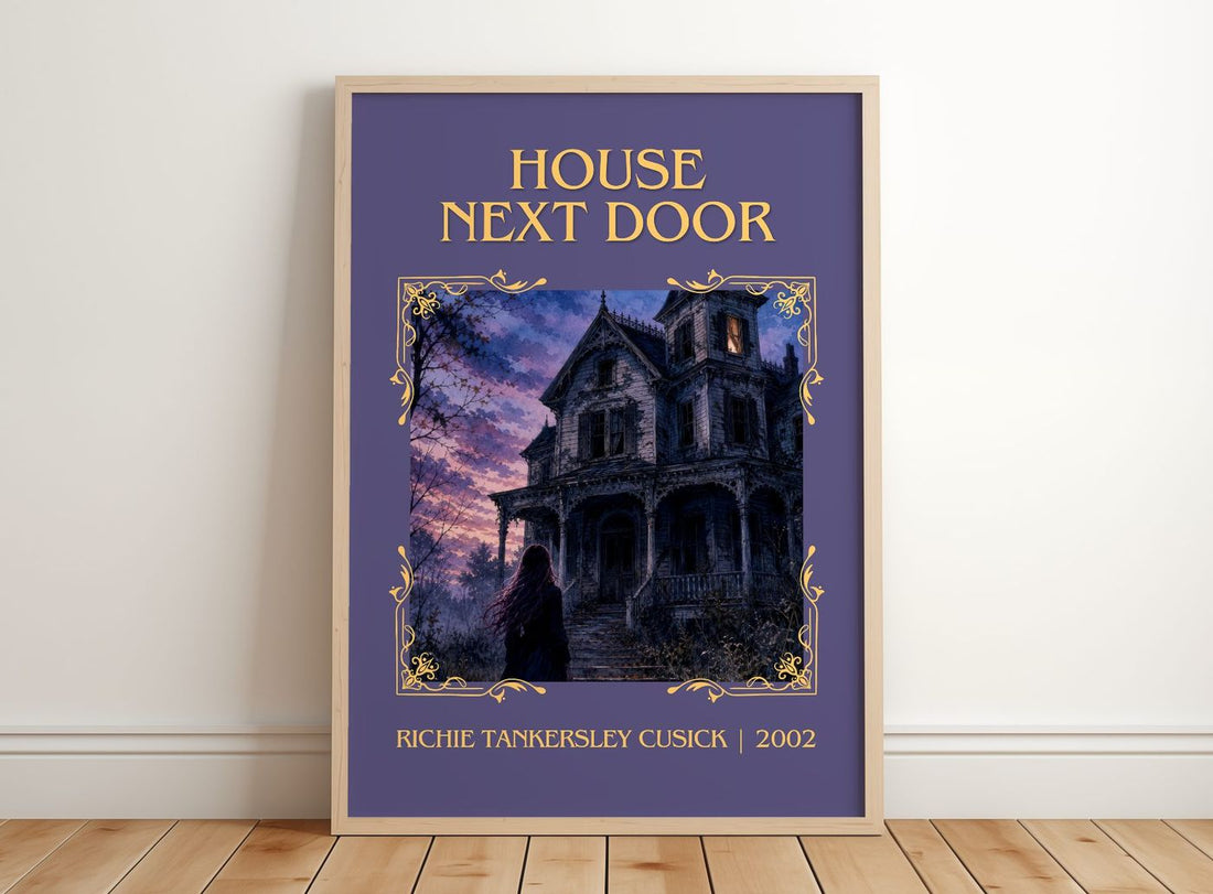House Next Door Classic Book Art Print by Richie Tankersley Cusick – framed print leaning on a wooden floor