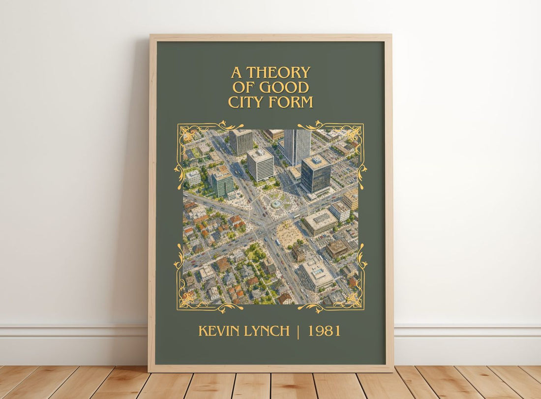 A Theory of Good City Form Classic Book Art Print by Kevin Lynch – framed print leaning on a wooden floor