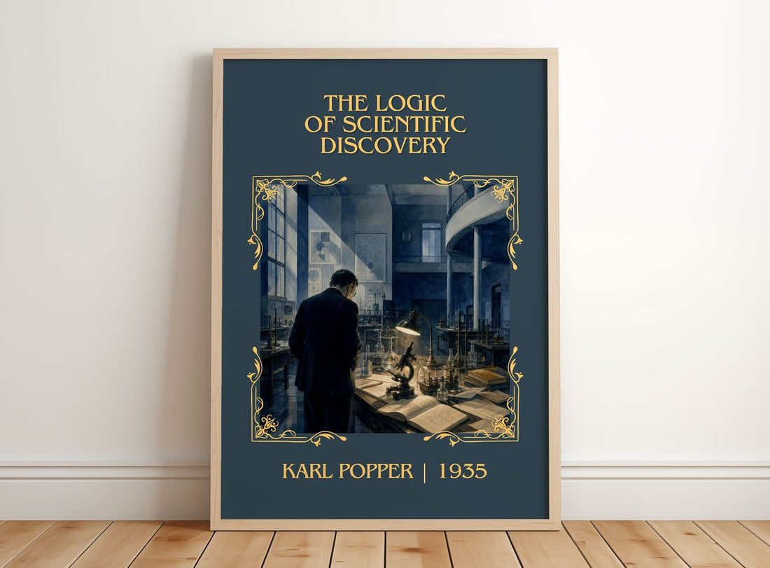 Logic of Scientific Discovery Classic Book Art Print by Karl Popper – framed print leaning on a wooden floor