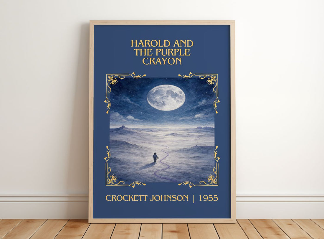 Harold and the Purple Crayon Classic Book Art Print by C. Johnson – framed print leaning on a wooden floor