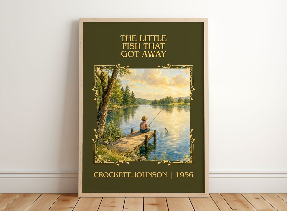 Little Fish That Got Away Classic Book Art Print by Crockett Johnson – framed print leaning on a wooden floor