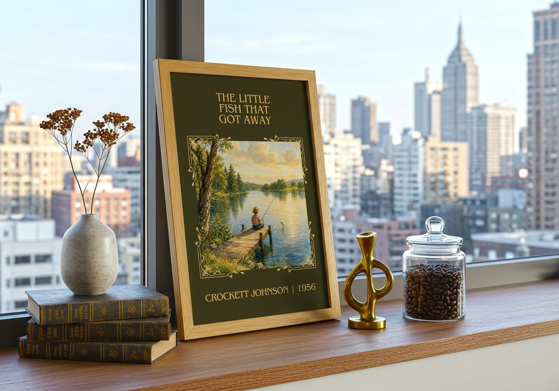 Little Fish That Got Away Classic Book Art Print by Crockett Johnson – framed print on a city-view windowsill