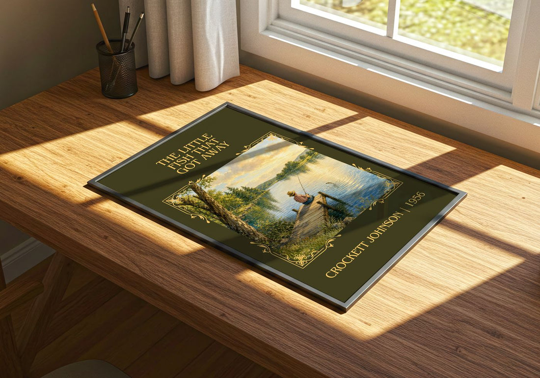 Little Fish That Got Away Classic Book Art Print by Crockett Johnson – print on a sunlit desk