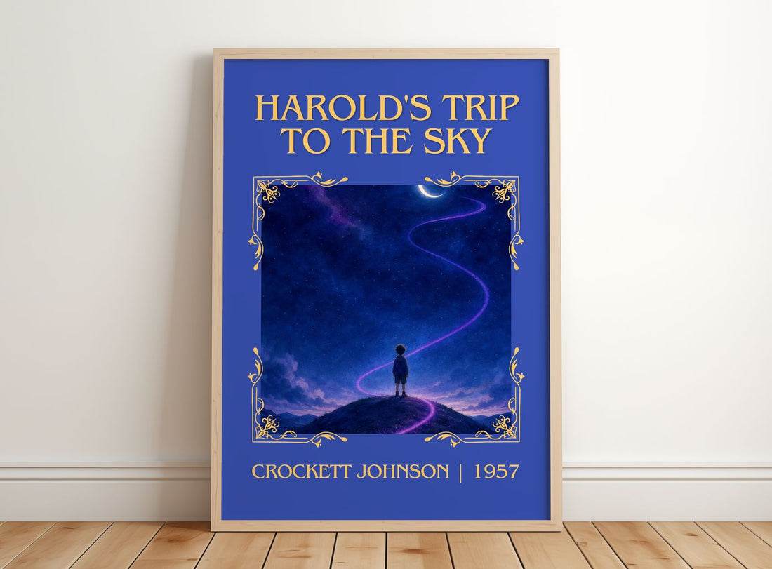 Harold's Trip to the Sky Classic Book Art Print by Crockett Johnson – framed print leaning on a wooden floor
