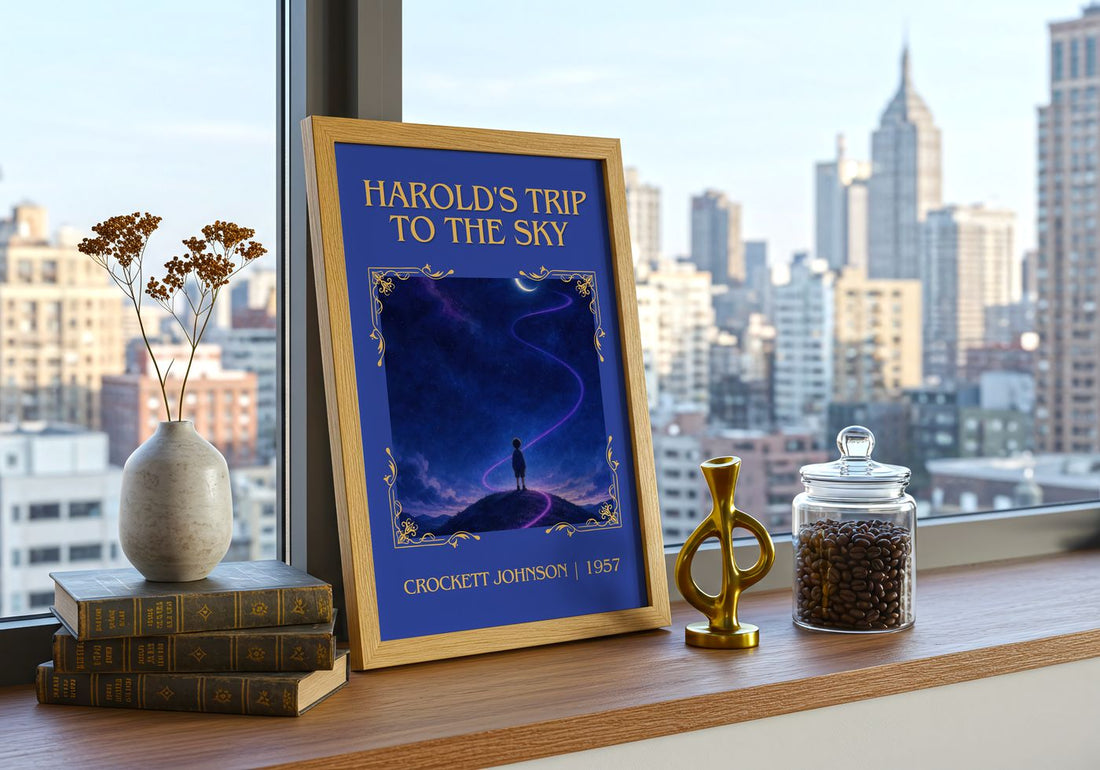 Harold's Trip to the Sky Classic Book Art Print by Crockett Johnson – framed print on a city-view windowsill