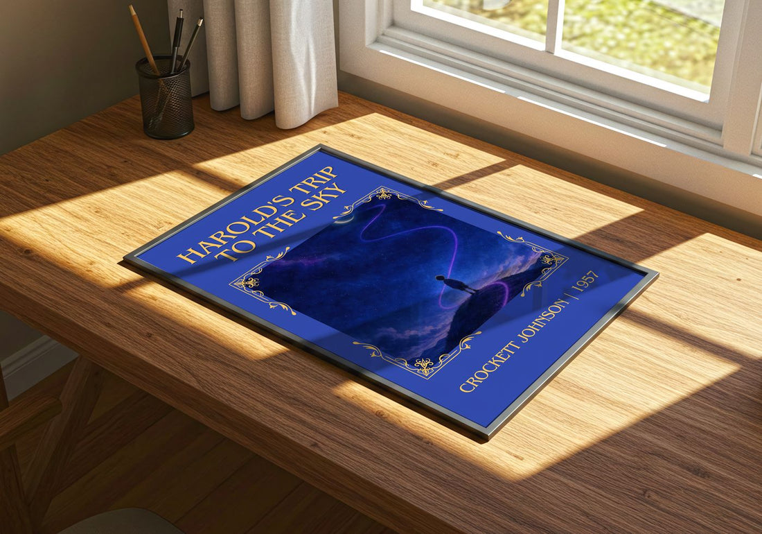 Harold's Trip to the Sky Classic Book Art Print by Crockett Johnson – print on a sunlit desk