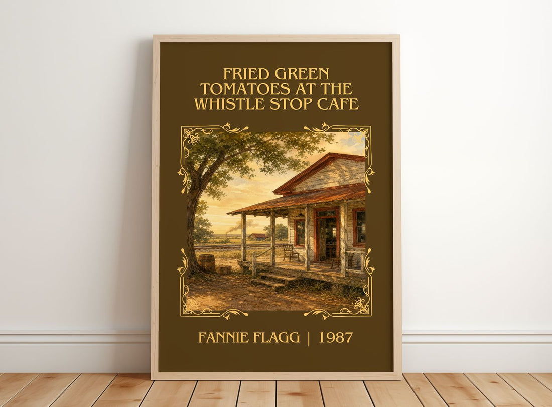 Fried Green Tomatoes at the Whistle Stop Cafe Classic Book Art Print by Fannie Flagg – framed print leaning on a wooden floor