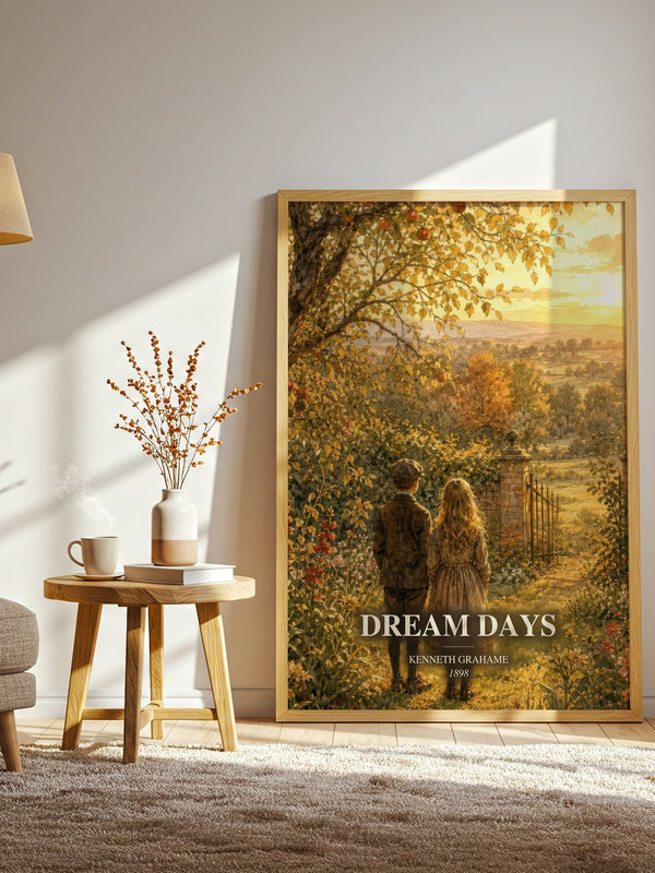 Dream Days watercolour print in frame leaning in hallway – childrens wall art