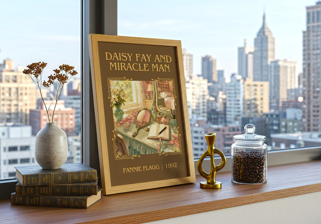 Daisy Fay and Miracle Man Classic Book Art Print by Fannie Flagg – framed print on a city-view windowsill