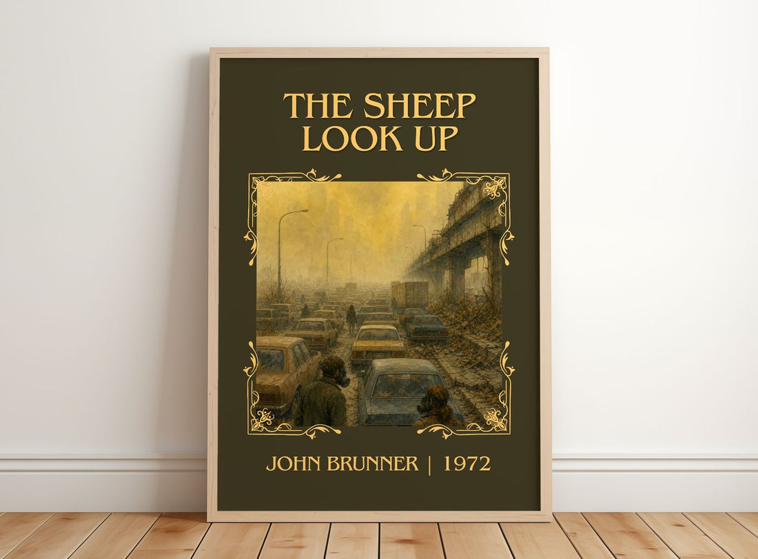 The Sheep Look Up Classic Book Art Print by John Brunner – framed print leaning on a wooden floor