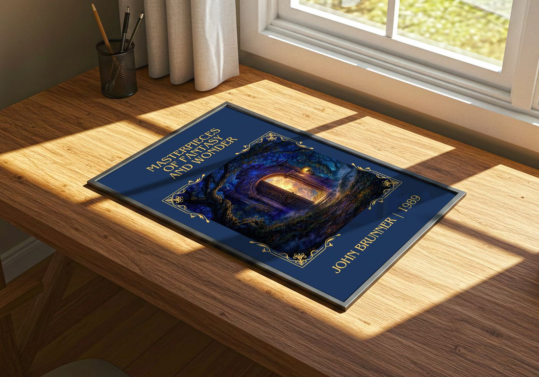 Masterpieces of Fantasy and Wonder Classic Book Art Print by John Brunner – print on a sunlit desk