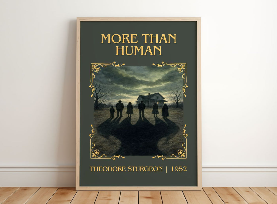 More Than Human Classic Book Art Print by Theodore Sturgeon – framed print leaning on a wooden floor