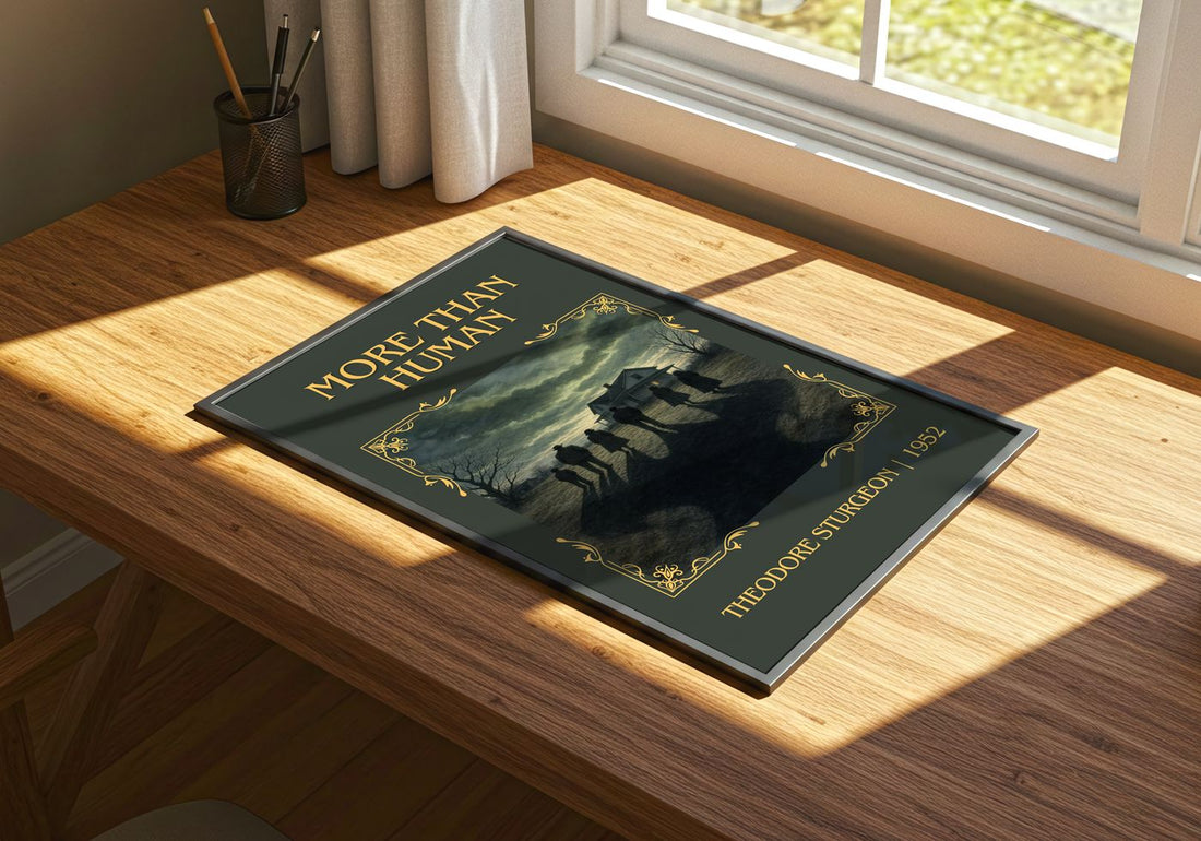 More Than Human Classic Book Art Print by Theodore Sturgeon – print on a sunlit desk