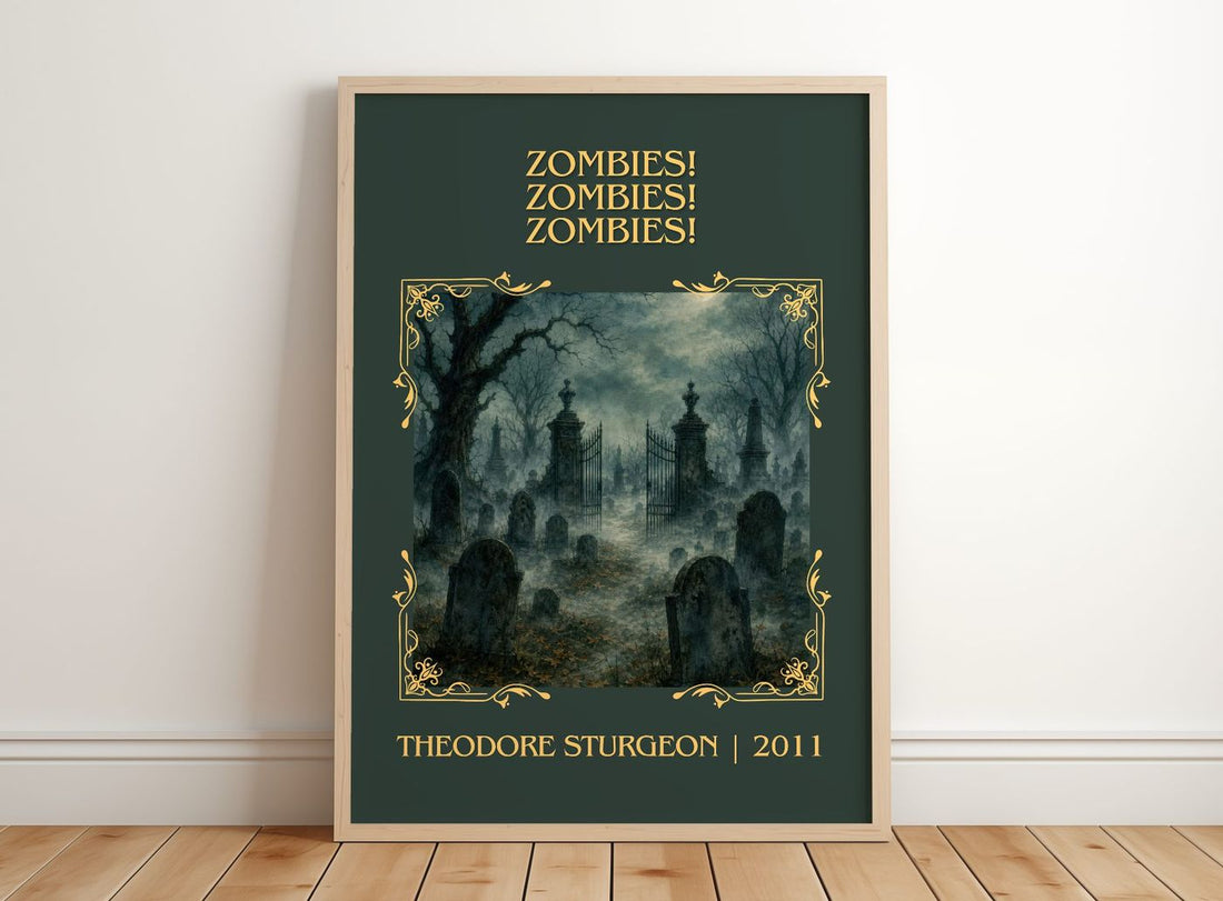 Zombies! Zombies! Zombies! Classic Book Art Print by Theodore Sturgeon – framed print leaning on a wooden floor