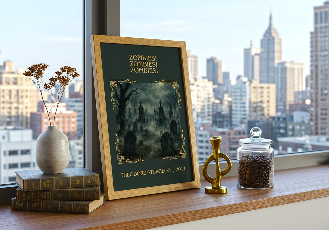 Zombies! Zombies! Zombies! Classic Book Art Print by Theodore Sturgeon – framed print on a city-view windowsill
