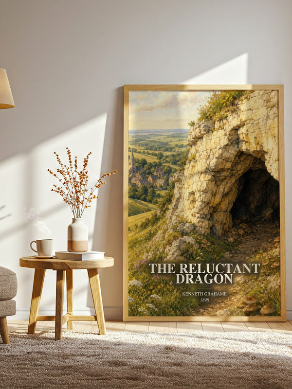 The Reluctant Dragon watercolour print in frame leaning in hallway – childrens wall art