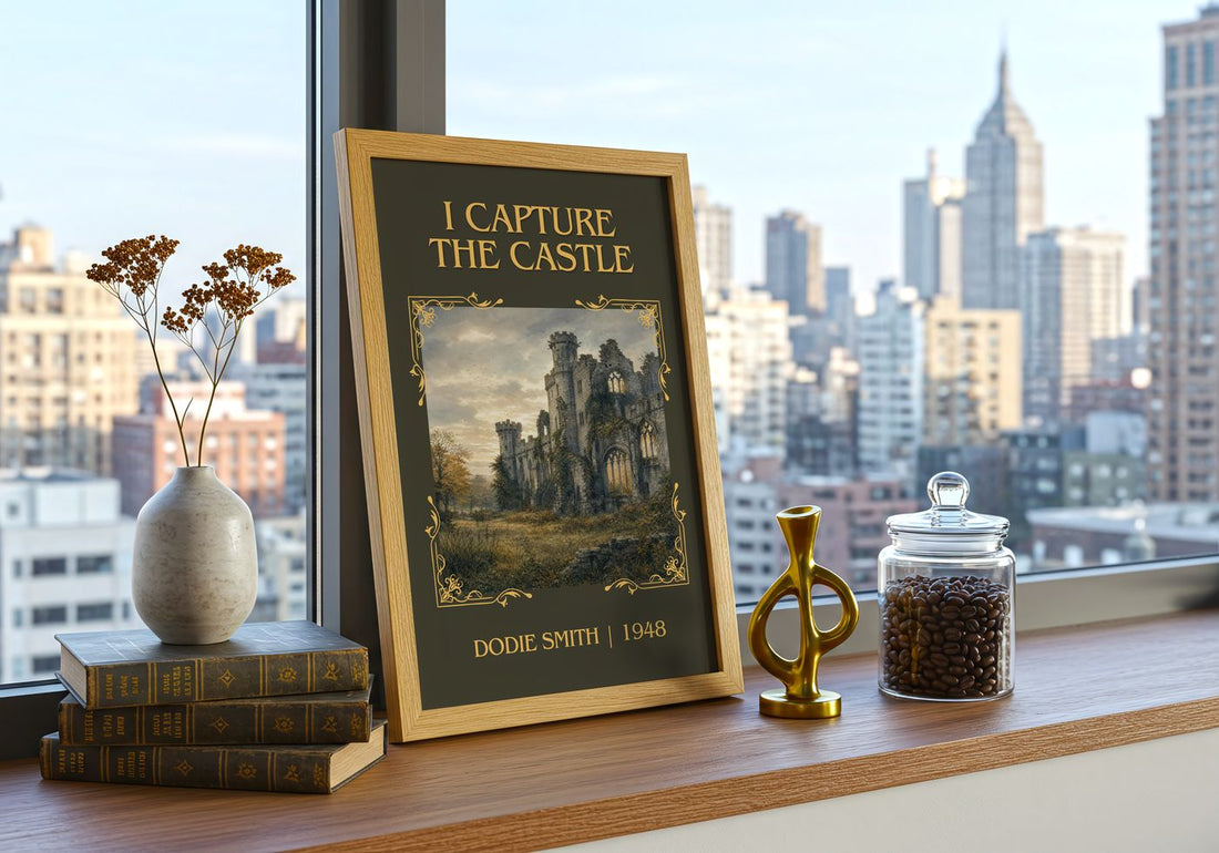 I Capture the Castle Classic Book Art Print by Dodie Smith – framed print on a city-view windowsill