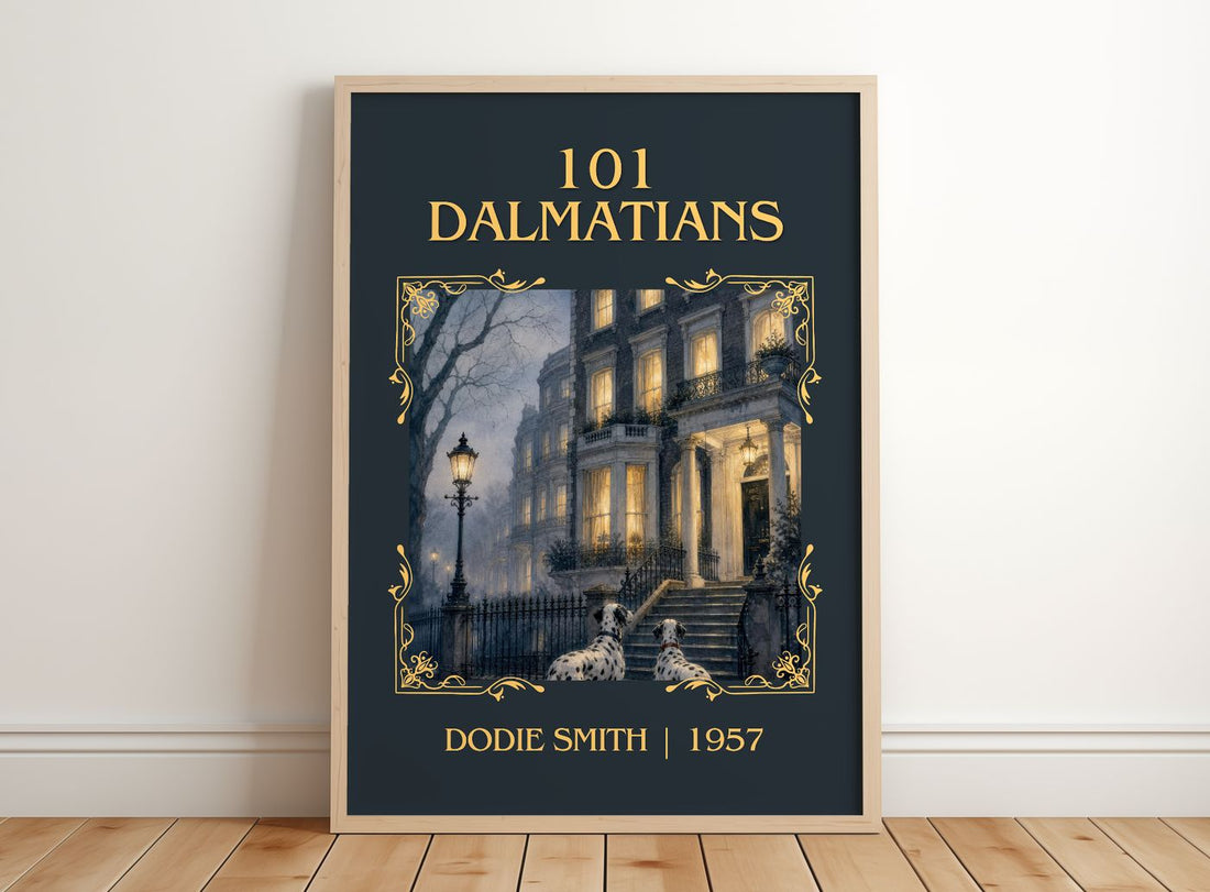 101 Dalmatians Classic Book Art Print by Dodie Smith – framed print leaning on a wooden floor