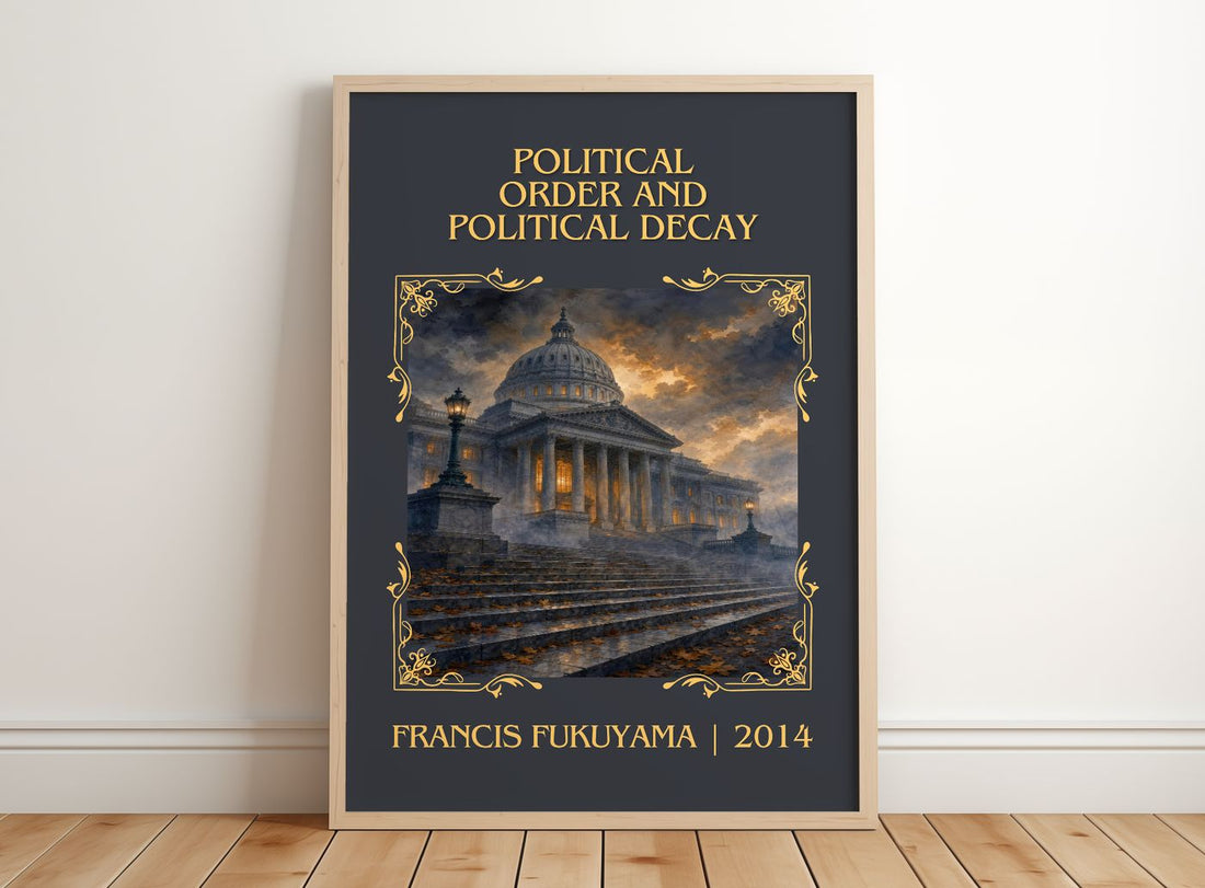 Political order and political decay Classic Book Art Print by Francis Fukuyama – framed print leaning on a wooden floor
