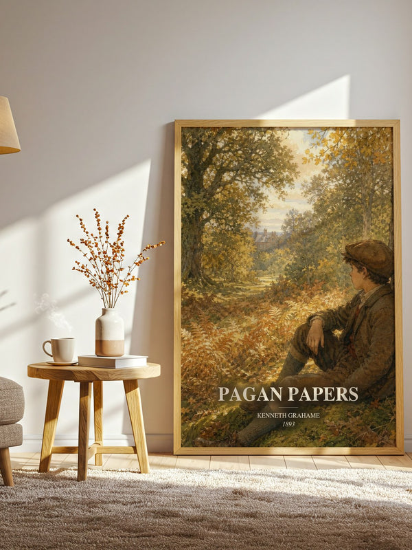 Pagan Papers watercolour print in frame leaning in hallway – classic literature wall art