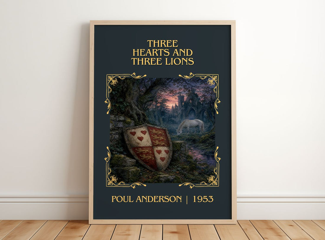 Three Hearts and Three Lions Classic Book Art Print by Poul Anderson – framed print leaning on a wooden floor