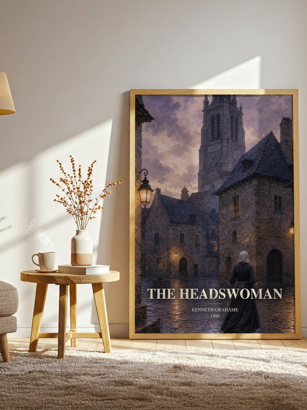 The Headswoman watercolour print in frame leaning in hallway – satire wall art