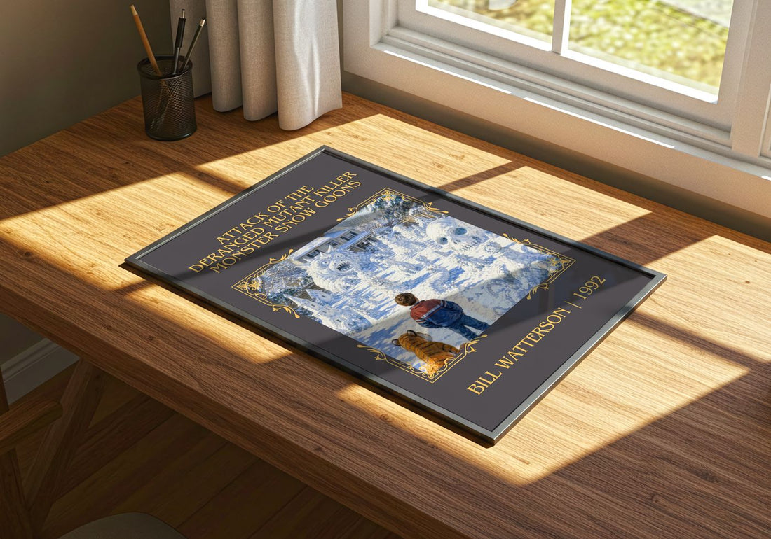 Attack of the Deranged Mutant Killer Monster Snow Goons Classic Book Art Print by Bill Watterson – print on a sunlit desk