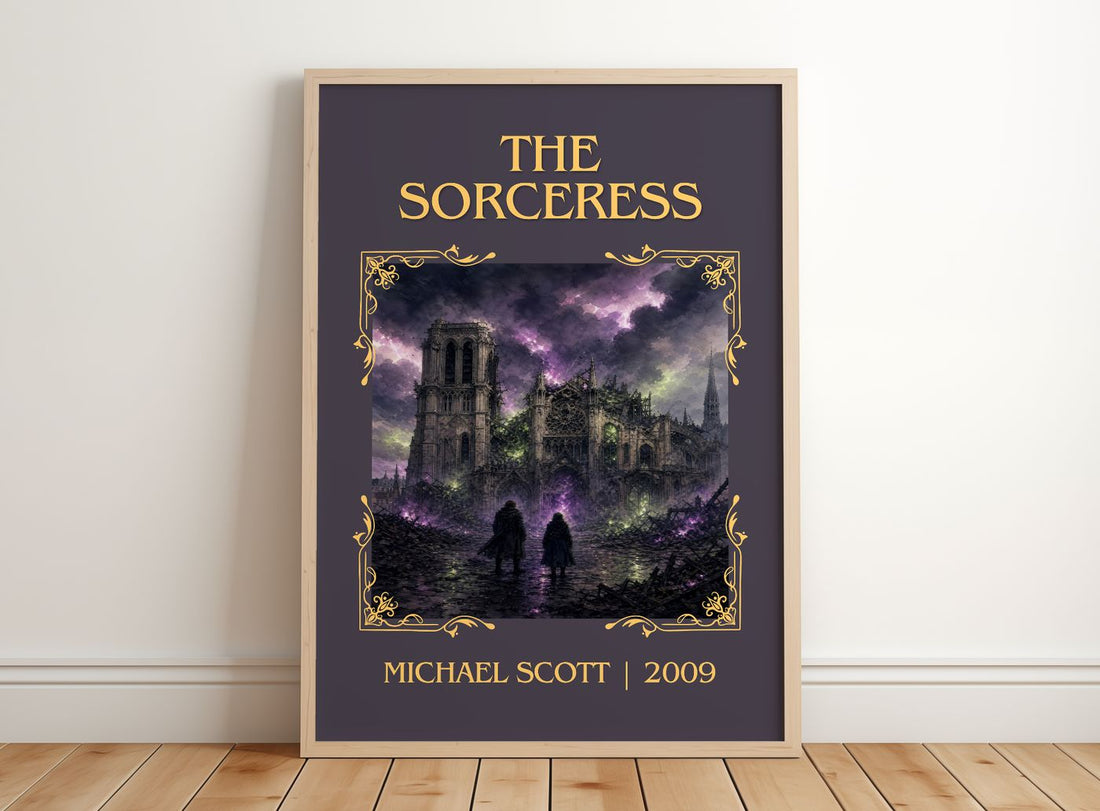 The sorceress Classic Book Art Print by Michael Scott – framed print leaning on a wooden floor
