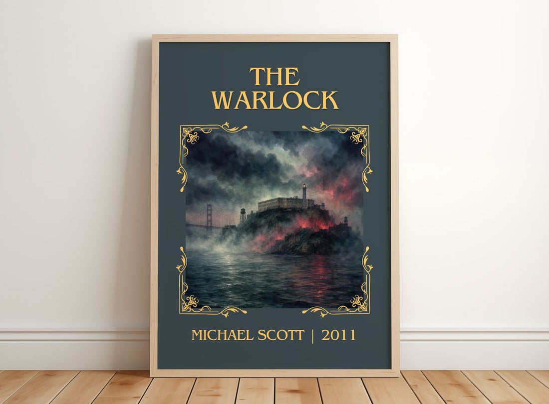 The Warlock Classic Book Art Print by Michael Scott – framed print leaning on a wooden floor