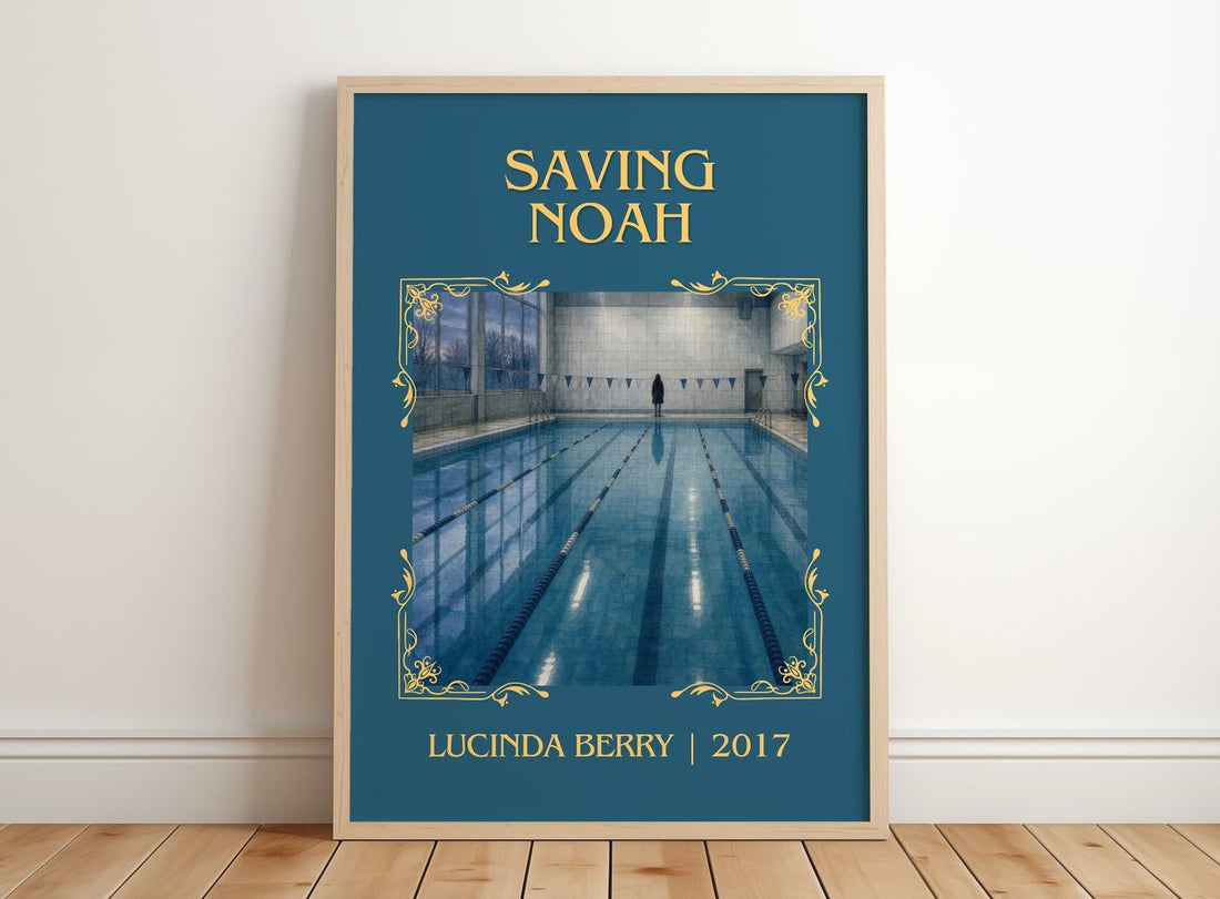 Saving Noah Classic Book Art Print by Lucinda Berry – framed print leaning on a wooden floor
