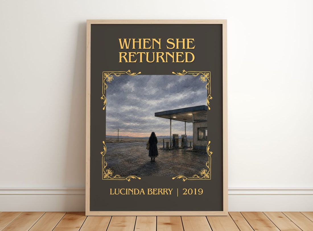 When She Returned Classic Book Art Print by Lucinda Berry – framed print leaning on a wooden floor