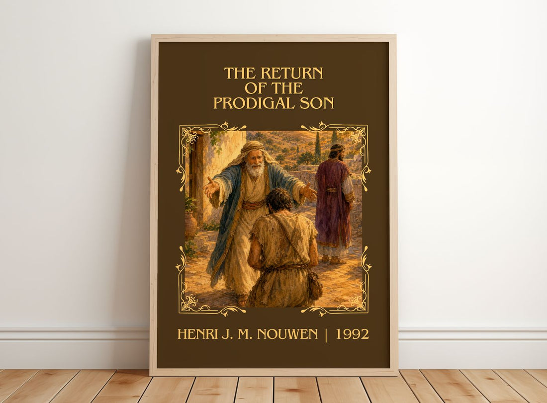 Return of the Prodigal Son Classic Book Art Print by H. Nouwen – framed print leaning on a wooden floor