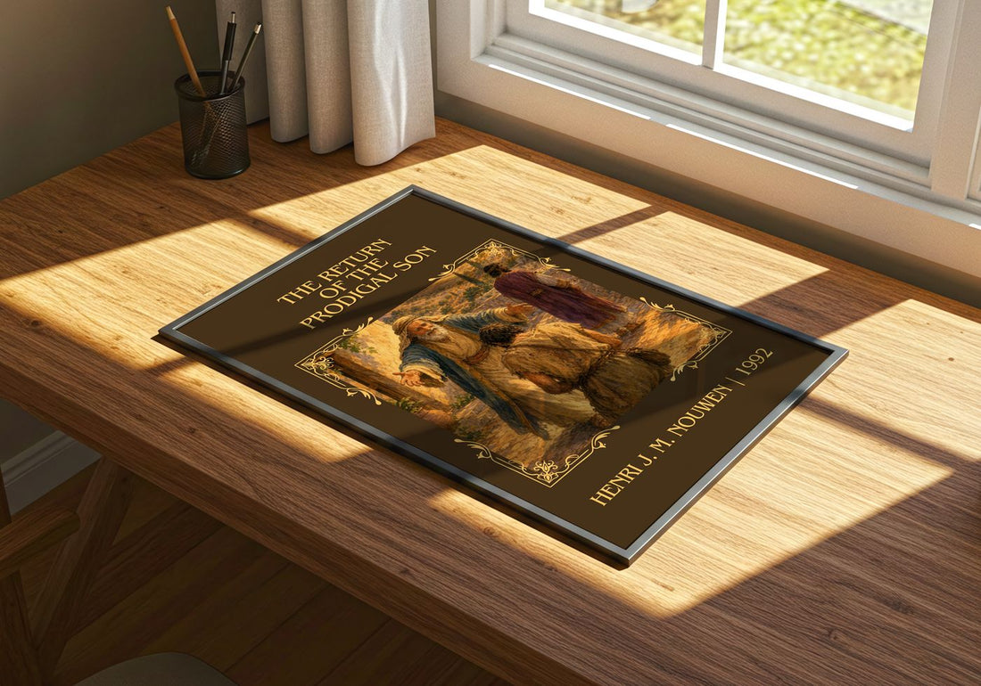 Return of the Prodigal Son Classic Book Art Print by H. Nouwen – print on a sunlit desk
