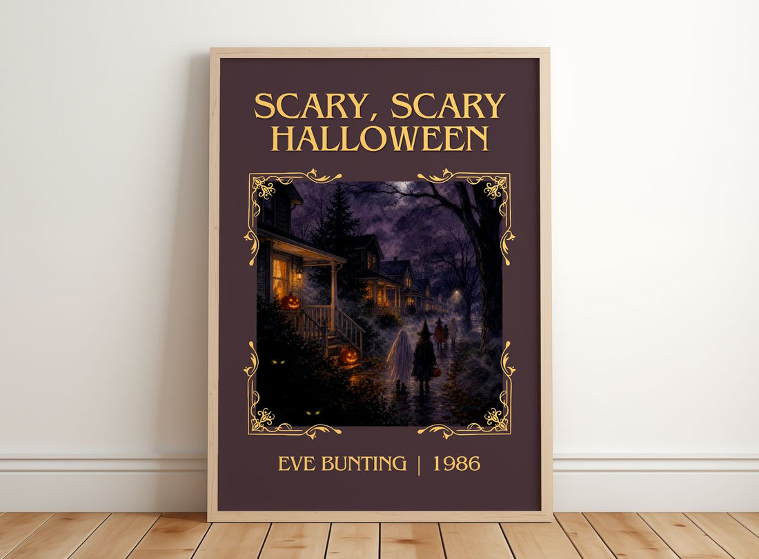 Scary, Scary Halloween Classic Book Art Print by Eve Bunting – framed print leaning on a wooden floor