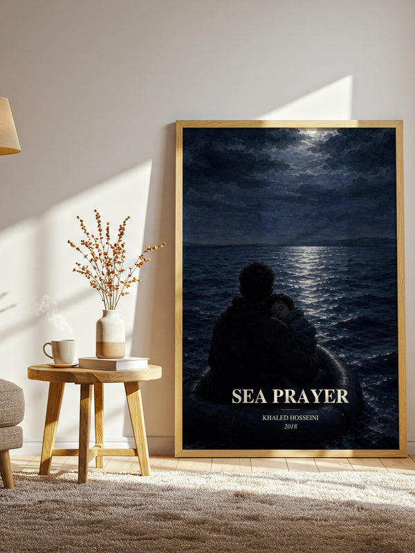 Sea Prayer watercolour print in frame leaning in hallway – literary fiction wall art