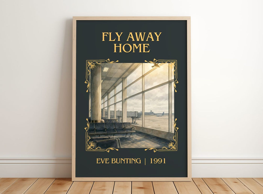 Fly Away Home Classic Book Art Print by Eve Bunting – framed print leaning on a wooden floor