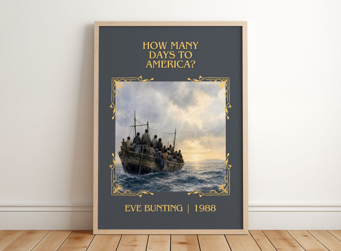 How Many Days to America? Classic Book Art Print by Eve Bunting – framed print leaning on a wooden floor