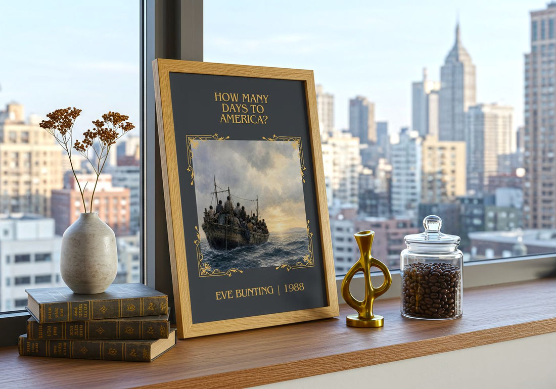 How Many Days to America? Classic Book Art Print by Eve Bunting – framed print on a city-view windowsill
