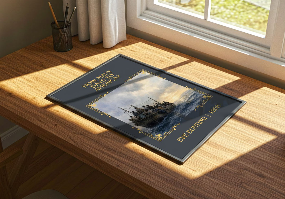 How Many Days to America? Classic Book Art Print by Eve Bunting – print on a sunlit desk