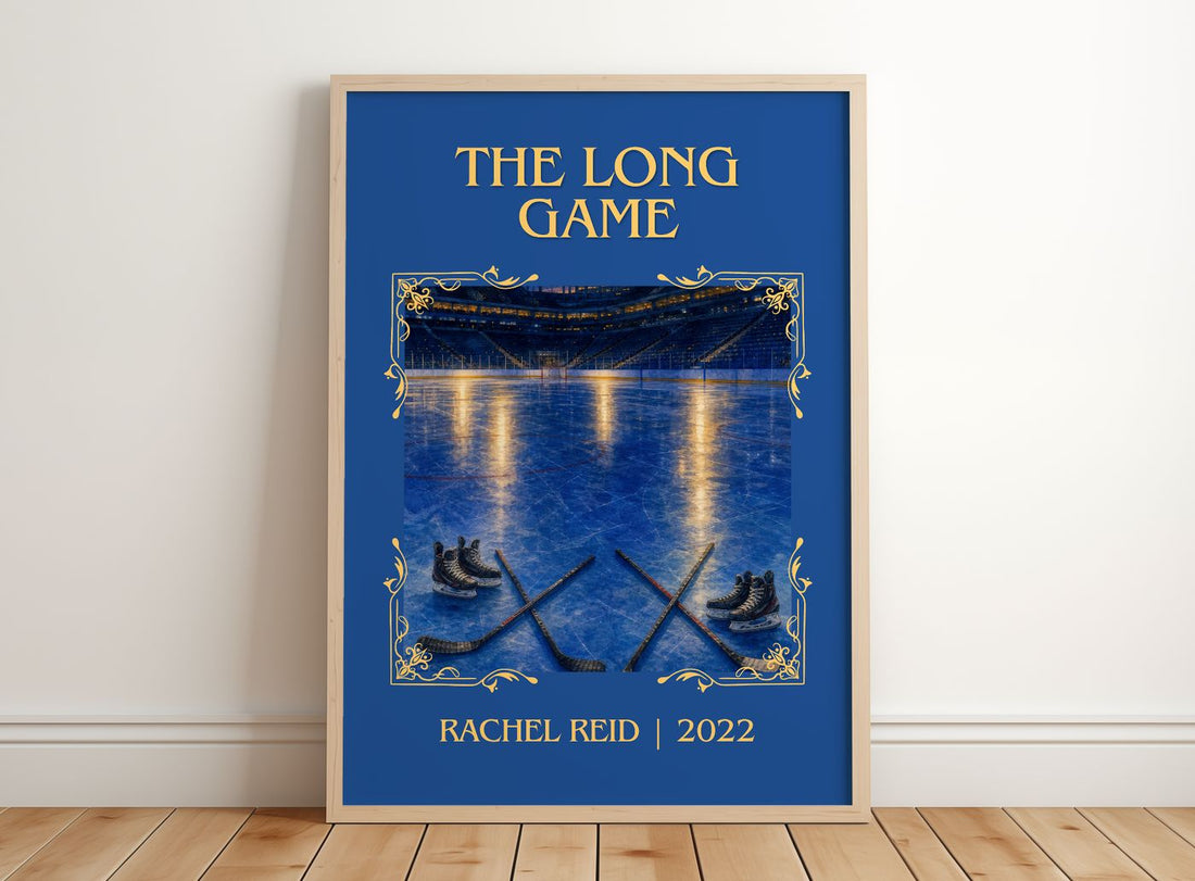 The Long Game Classic Book Art Print by Rachel Reid – framed print leaning on a wooden floor