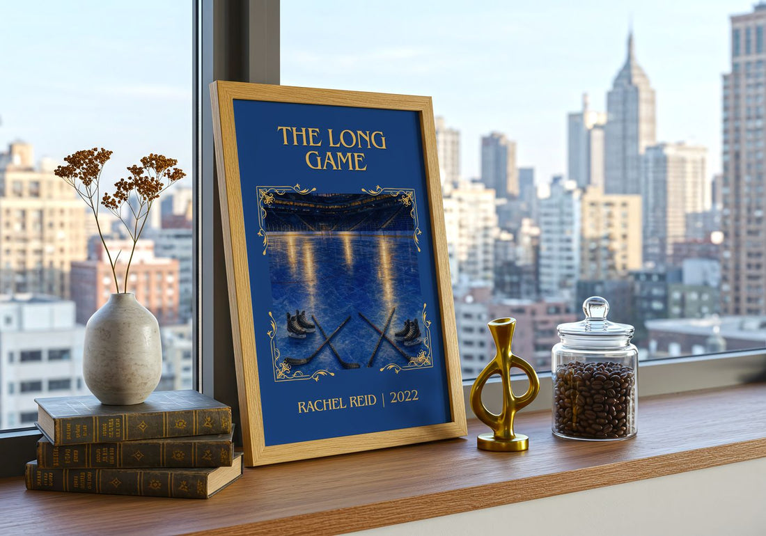 The Long Game Classic Book Art Print by Rachel Reid – framed print on a city-view windowsill