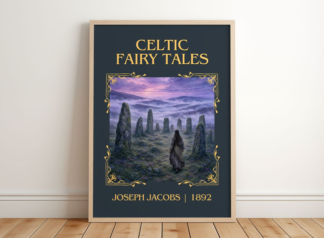 Celtic Fairy Tales Classic Book Art Print by Joseph Jacobs – framed print leaning on a wooden floor